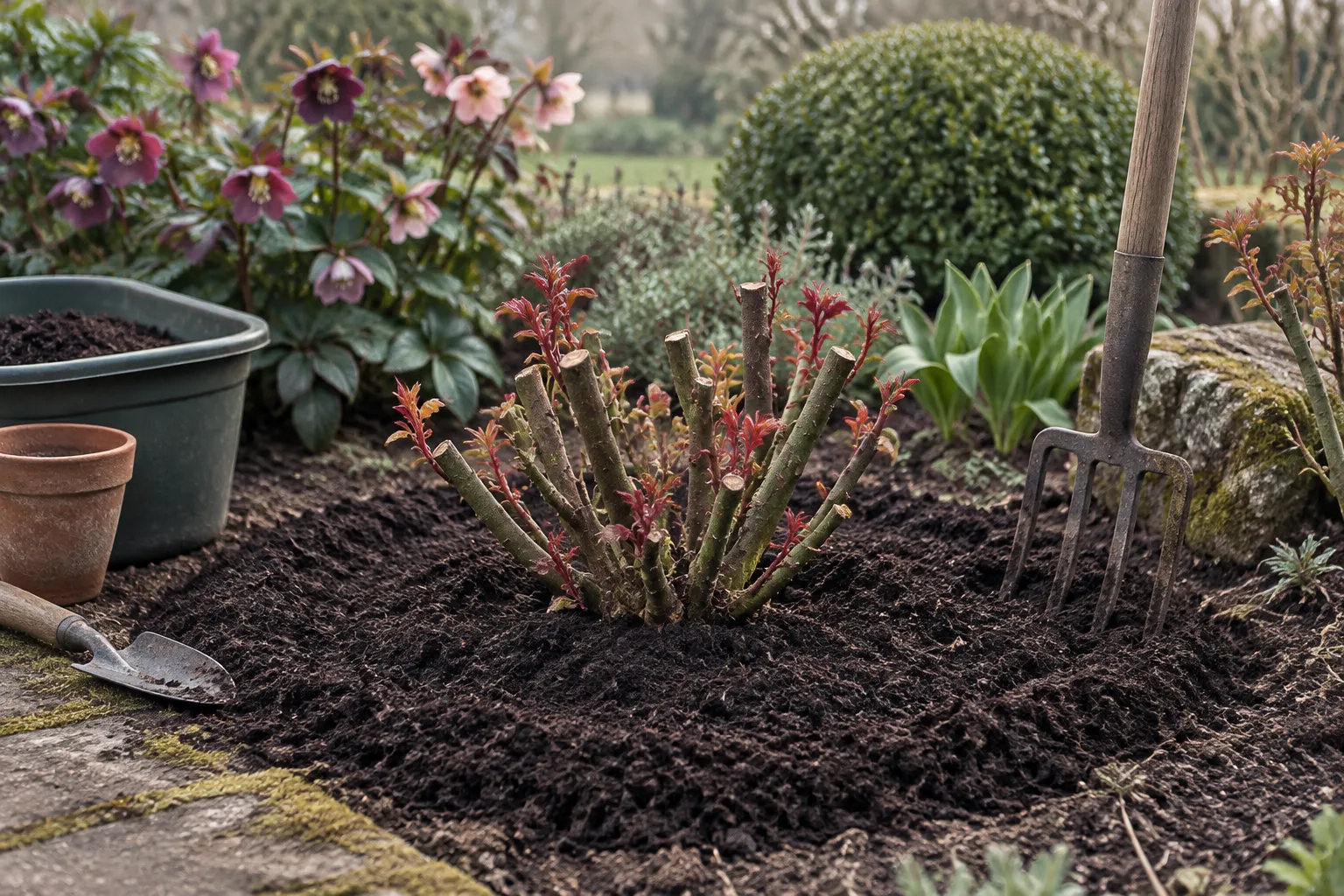 A pruned bush rose with new red shoots, ringed by a thick layer of dark compost mulch.