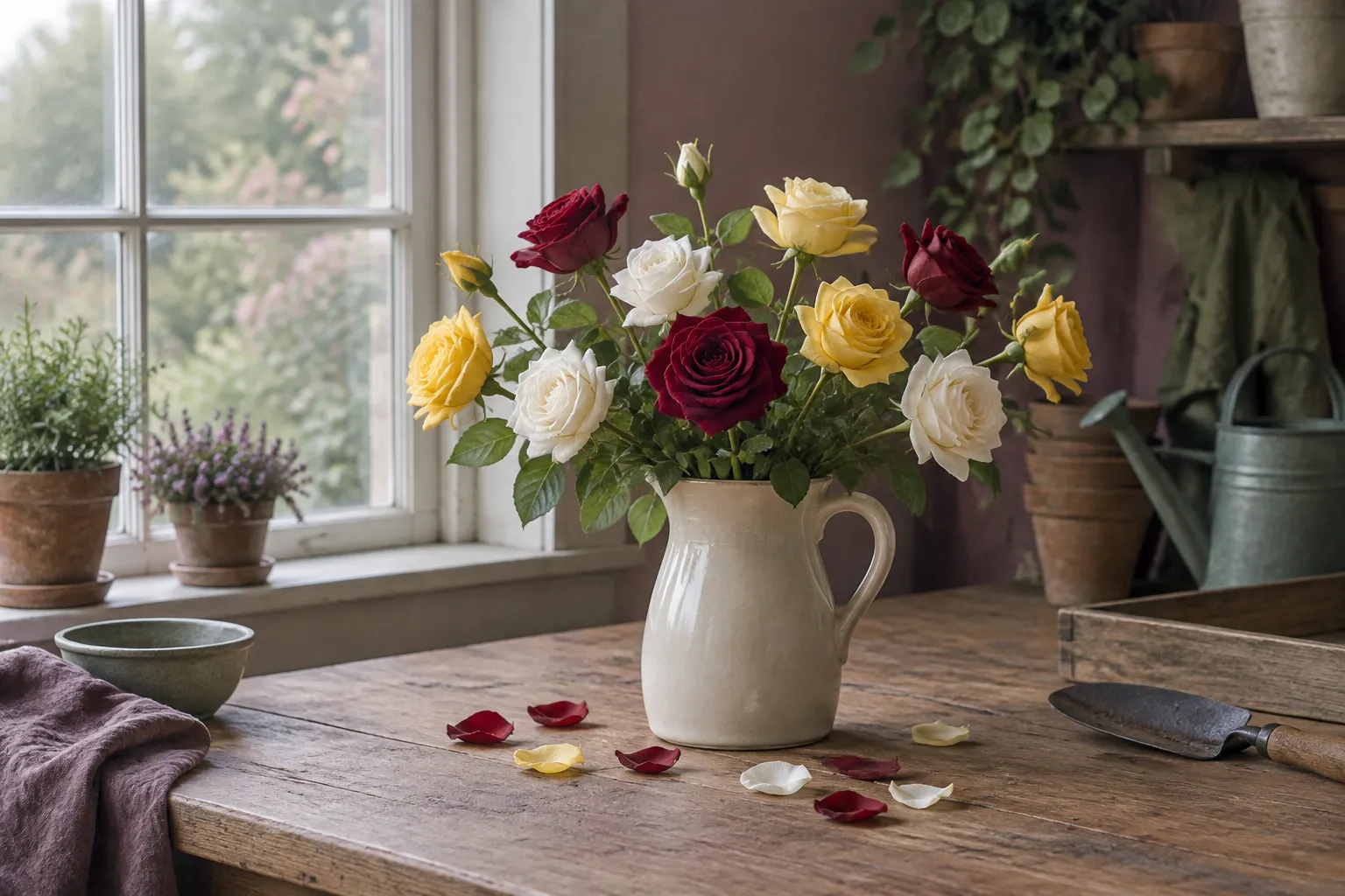 Red, white and yellow roses together in a plain cream jug on a wooden table.