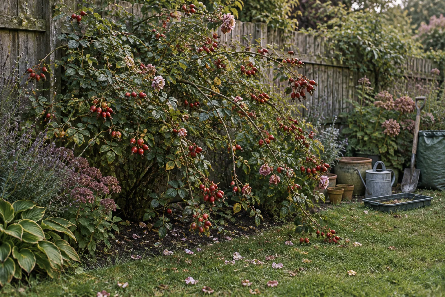 An old shrub rose with long arching stems hung with red hips in a late-summer border.