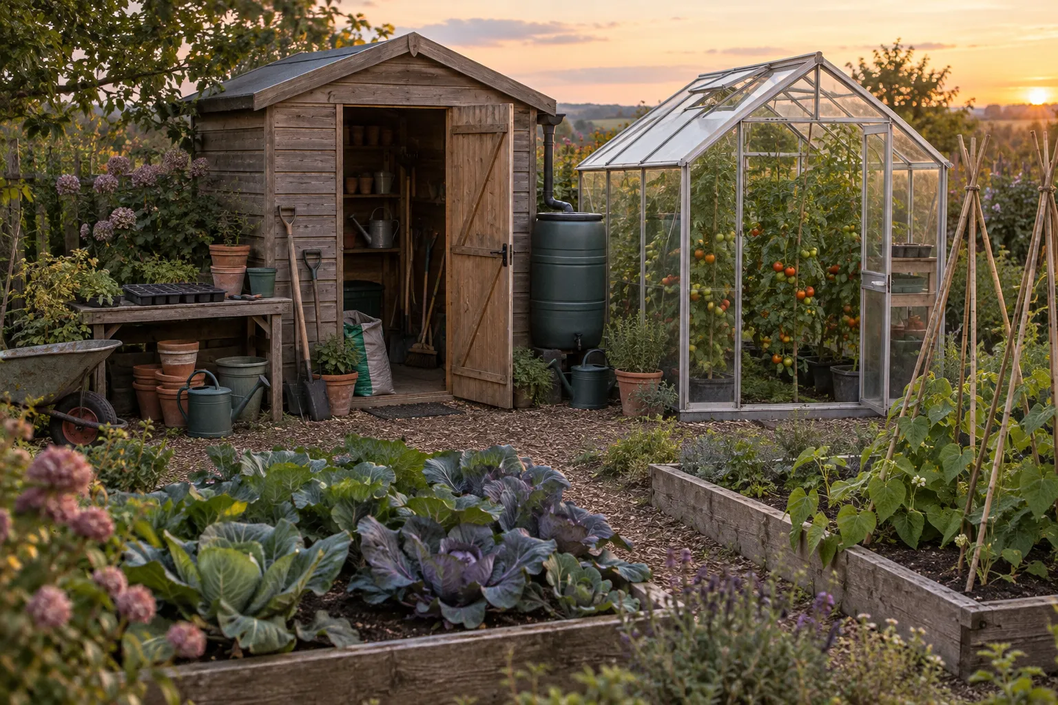 A timber shed and a small greenhouse of tomatoes behind raised vegetable beds in evening light.