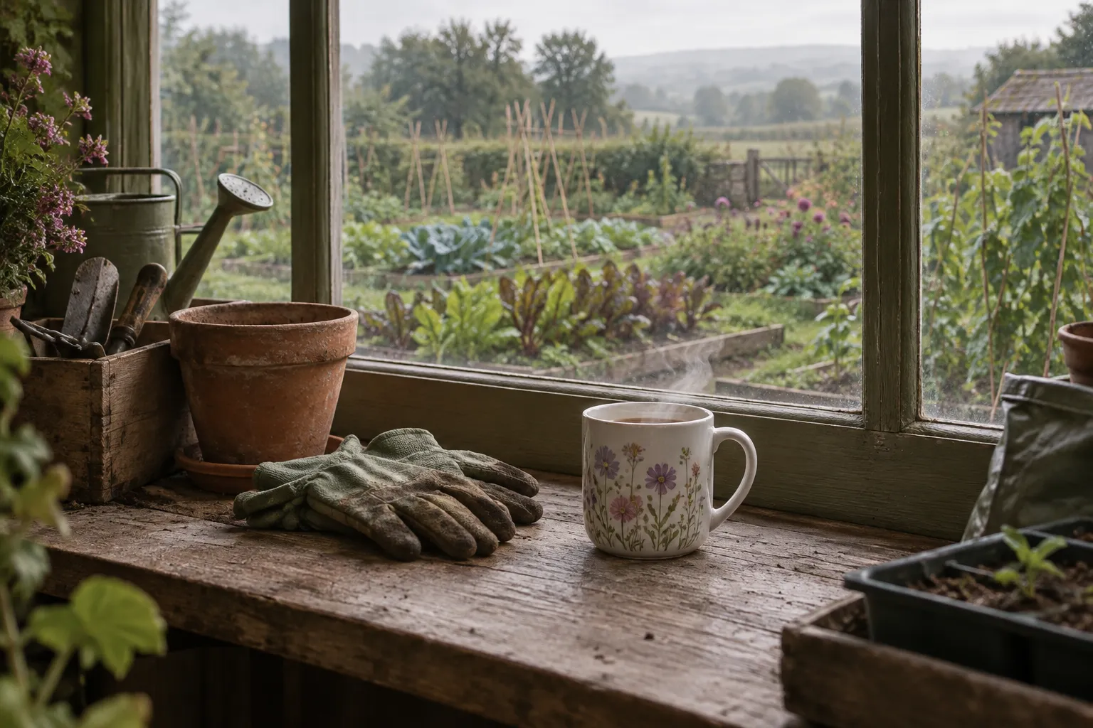 A white mug with a painted flower design on a potting shed windowsill.
