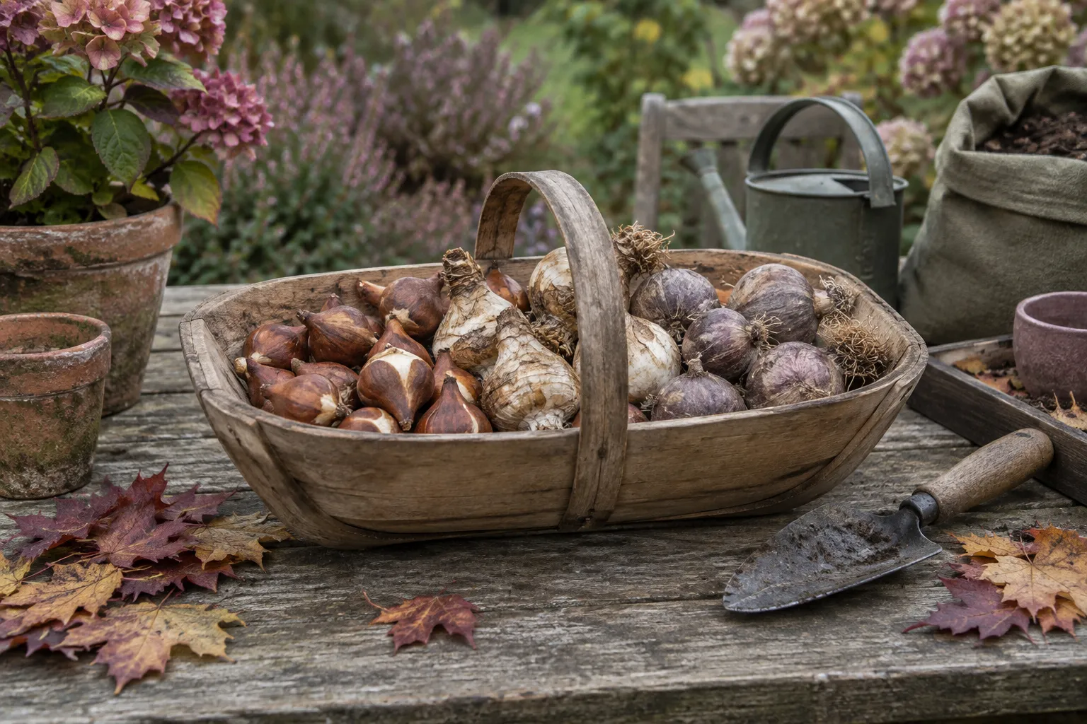 A wooden trug of tulip, narcissus and allium bulbs on a garden table in autumn.