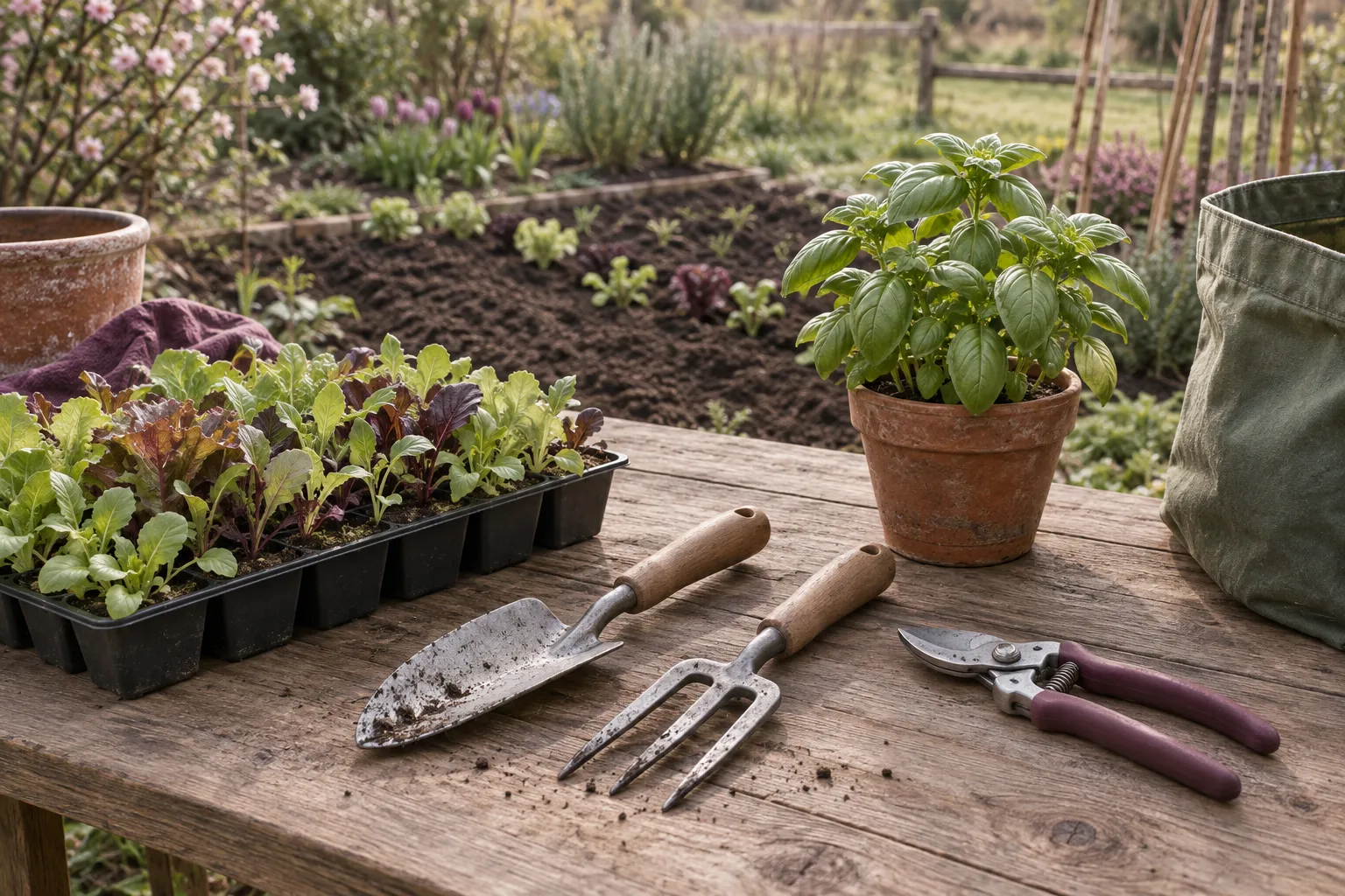 A trowel, hand fork and secateurs beside a tray of salad seedlings and a pot of basil.