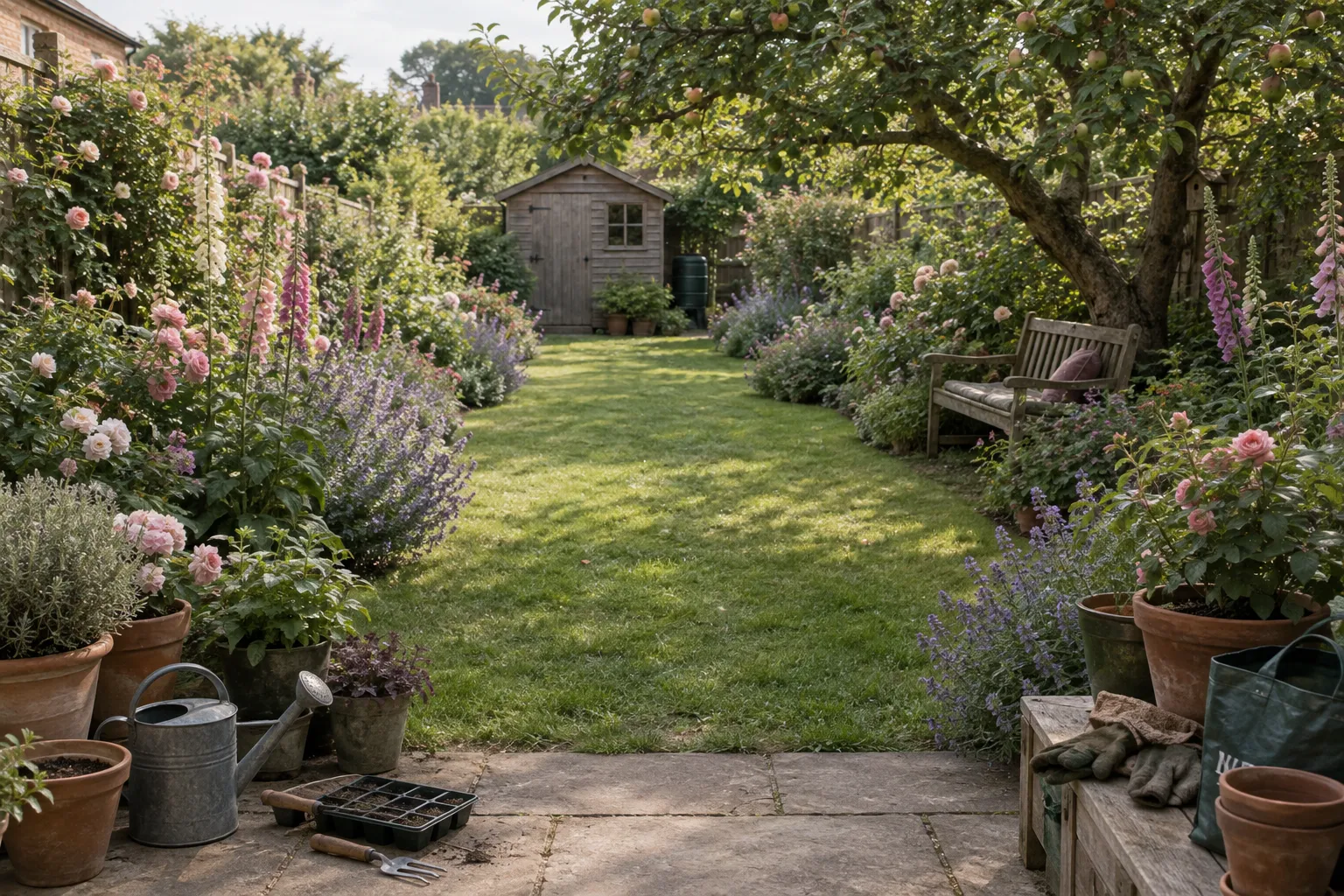 A back garden in summer with a deep flower border, a bench under an apple tree and a shed at the end.