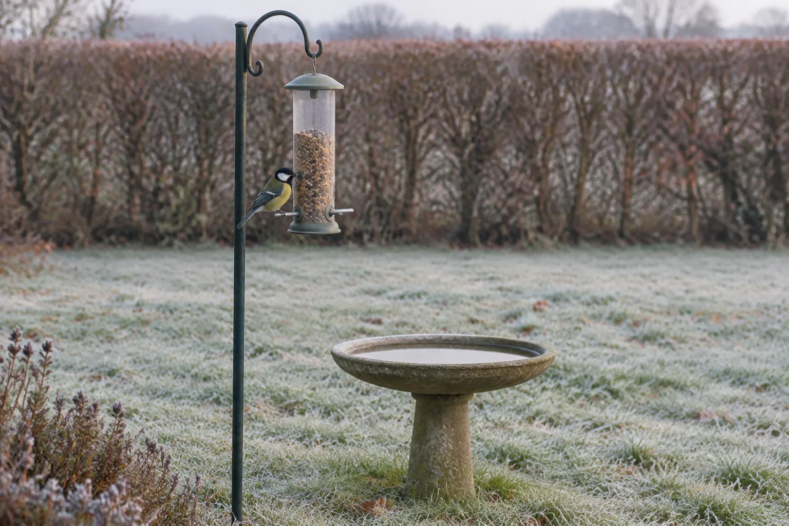 A clear tube seed feeder with no tray on a pole in a frosty lawn, a great tit on one perch.