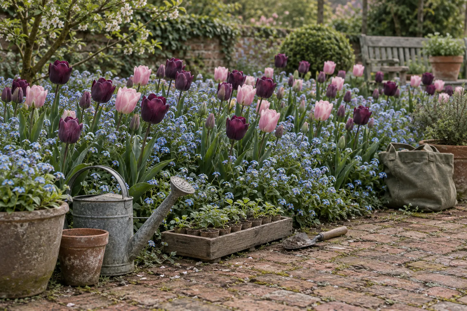 Purple and pink tulips rising through a carpet of blue forget-me-nots in a spring border.