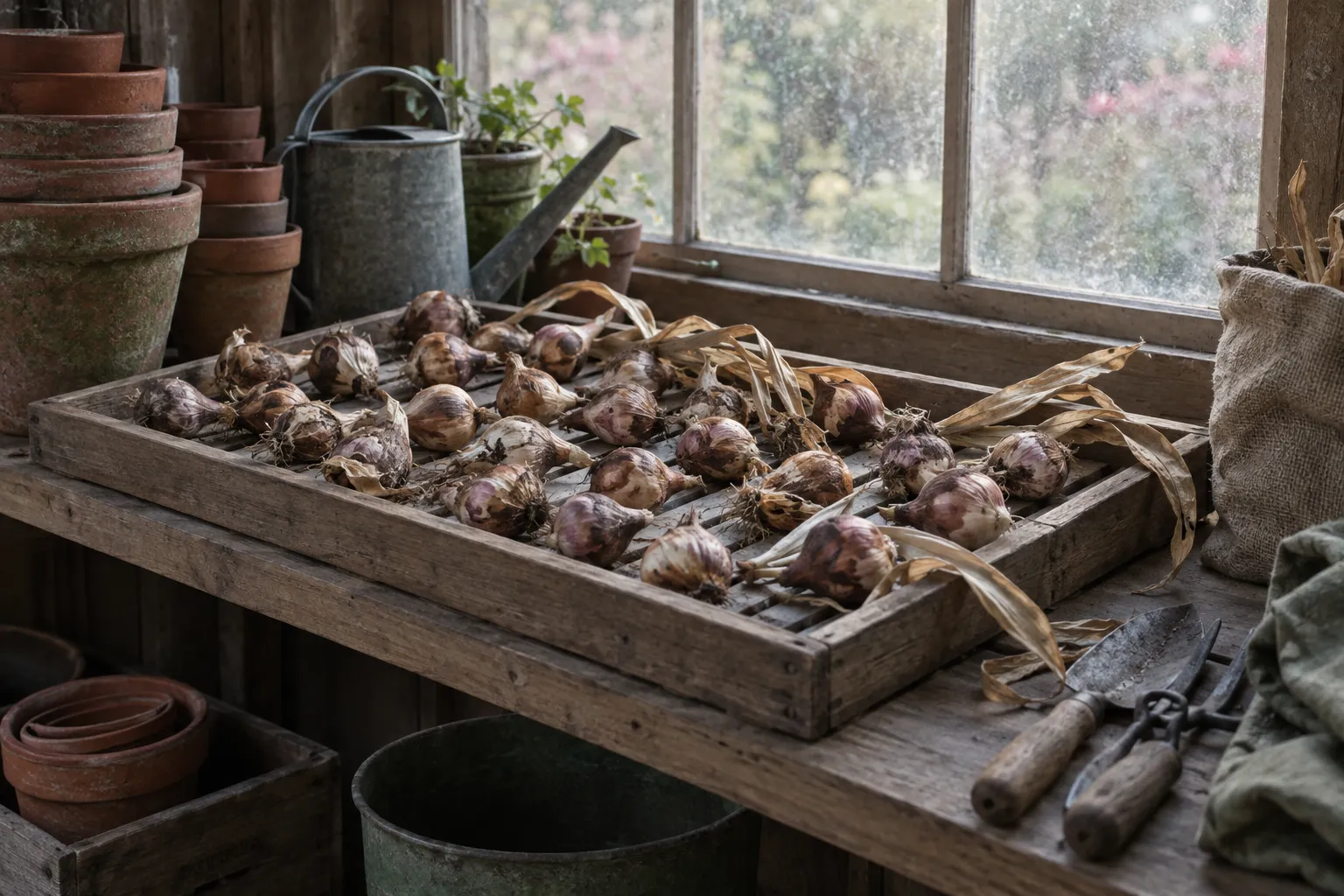 Lifted tulip bulbs with papery skins drying on a slatted wooden tray in a shed.