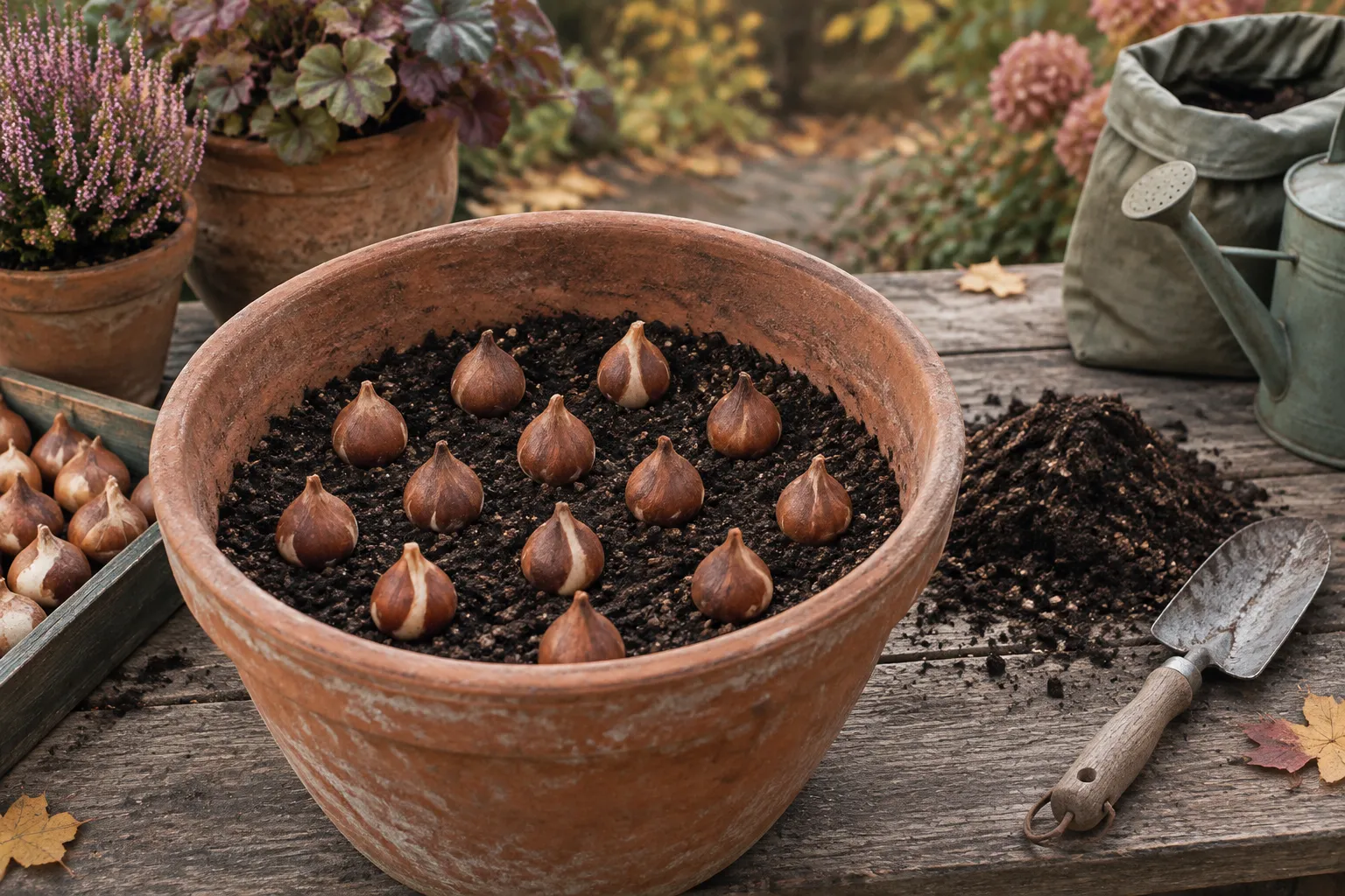 Tulip bulbs set pointed end up on gritty compost in a wide terracotta pot, spaced a little apart.