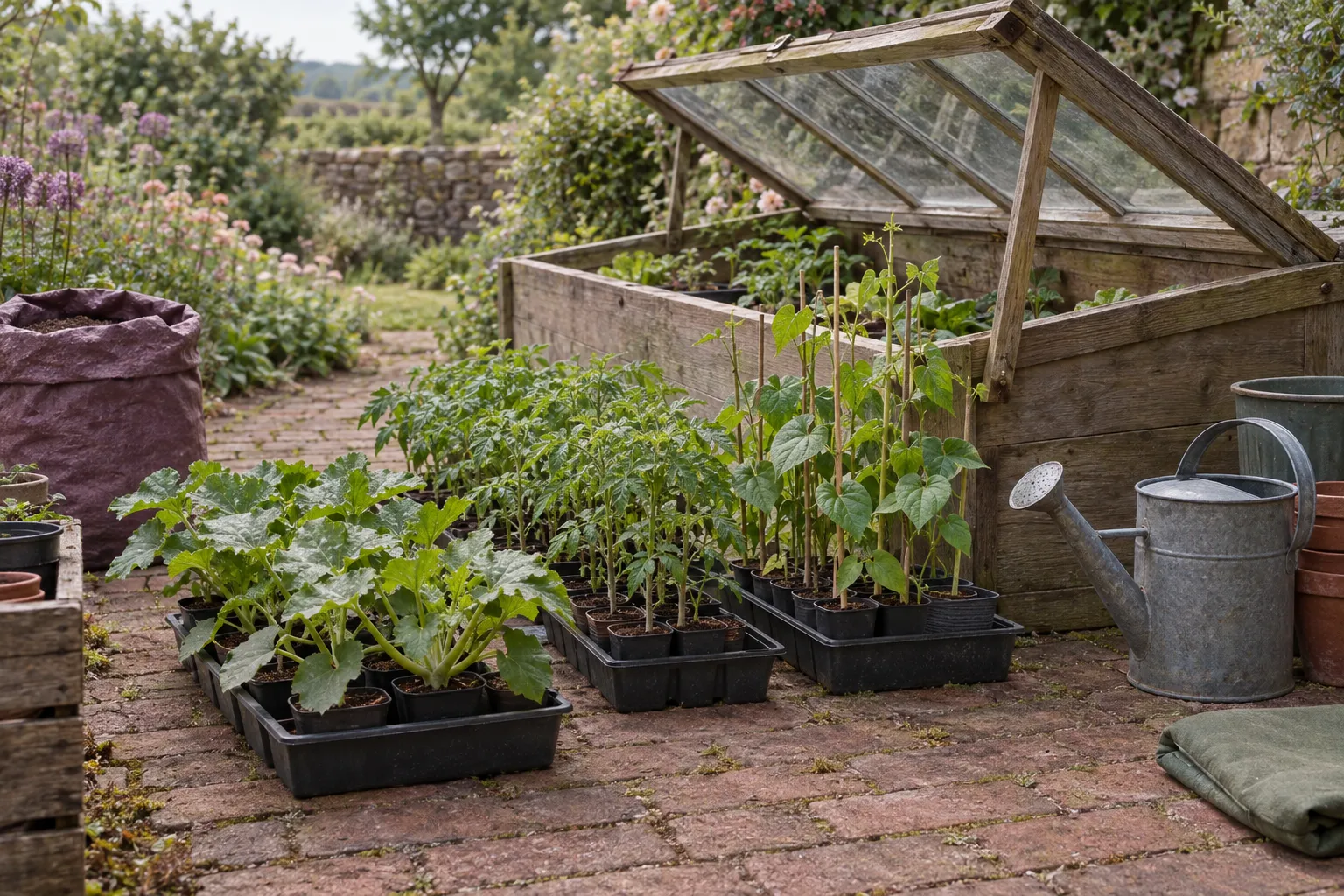 Trays of young courgette, tomato and bean plants beside a cold frame with its lid propped open.