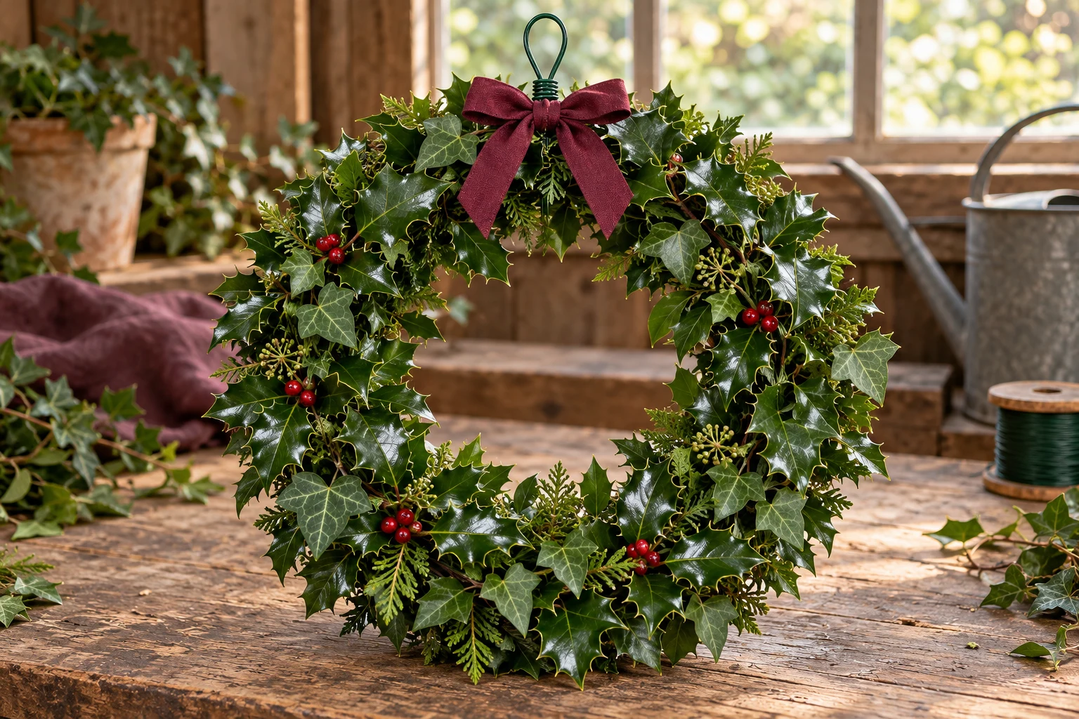 A finished holly and ivy wreath with a secured green wire hanging loop and a burgundy bow.