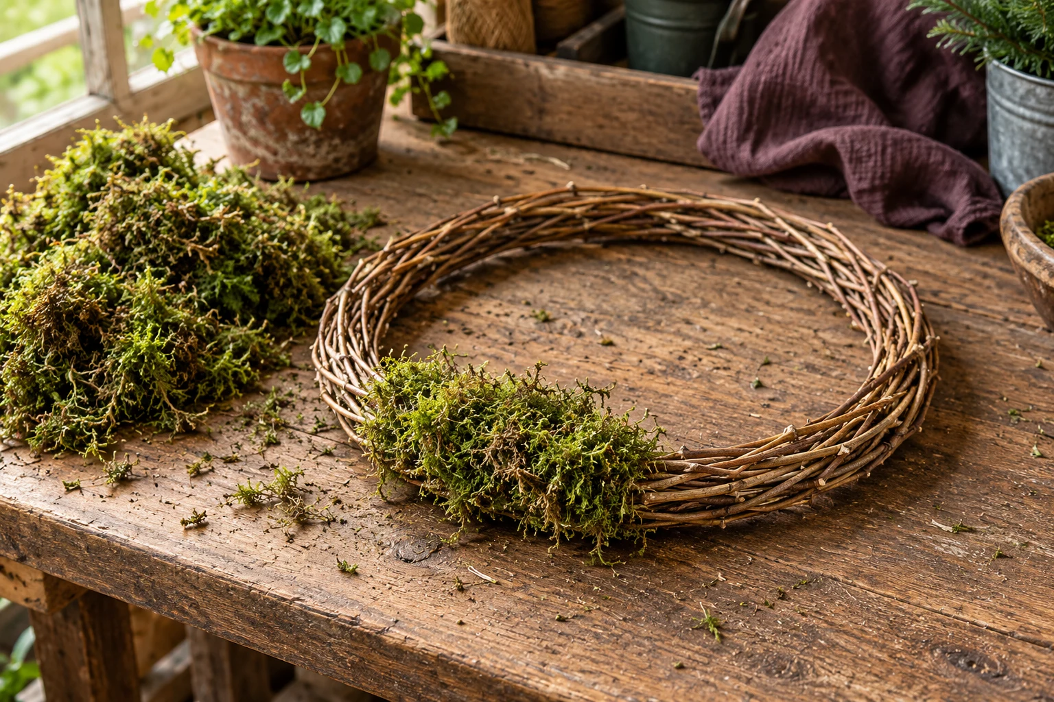 A bare willow wreath ring with one loose bundle of moss laid on its near edge.