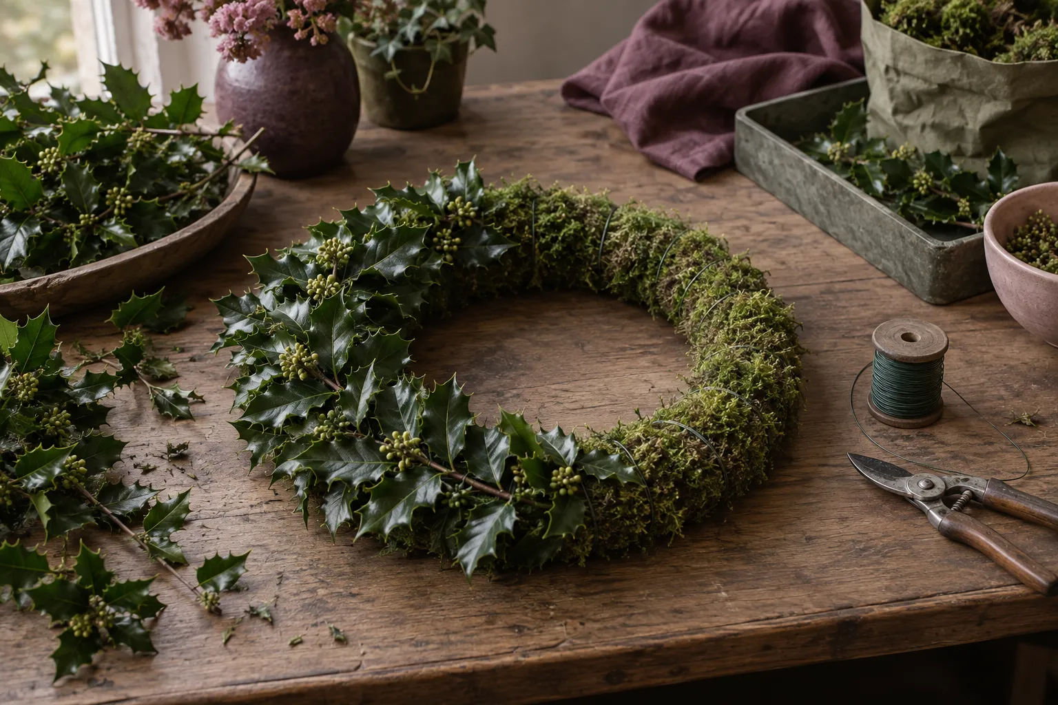 A moss-covered wreath ring half covered with holly sprigs laid in one direction, with a reel of wire.