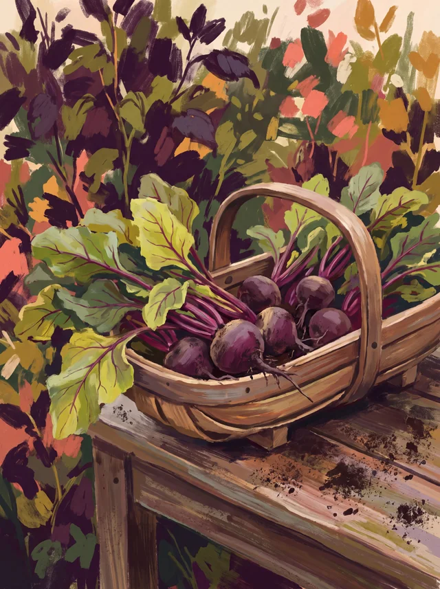 A painting of freshly pulled beetroot with their leaves in a wooden trug on a potting bench.
