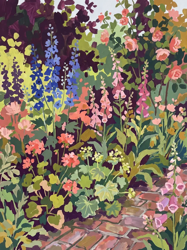A painting of a cottage garden border with blue delphiniums, foxgloves, roses and geraniums beside a brick path.