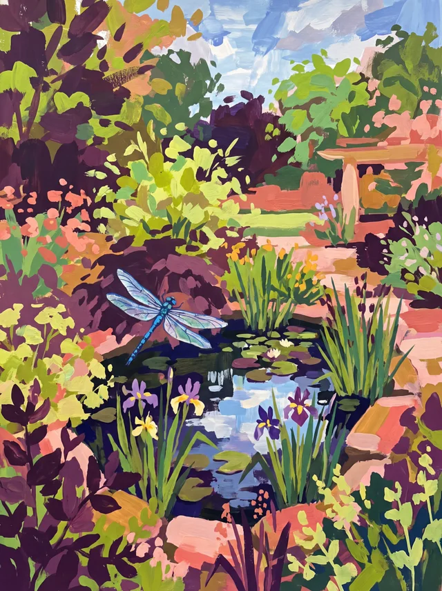 A painting of a blue dragonfly over a garden pond with water lilies and purple and yellow irises.