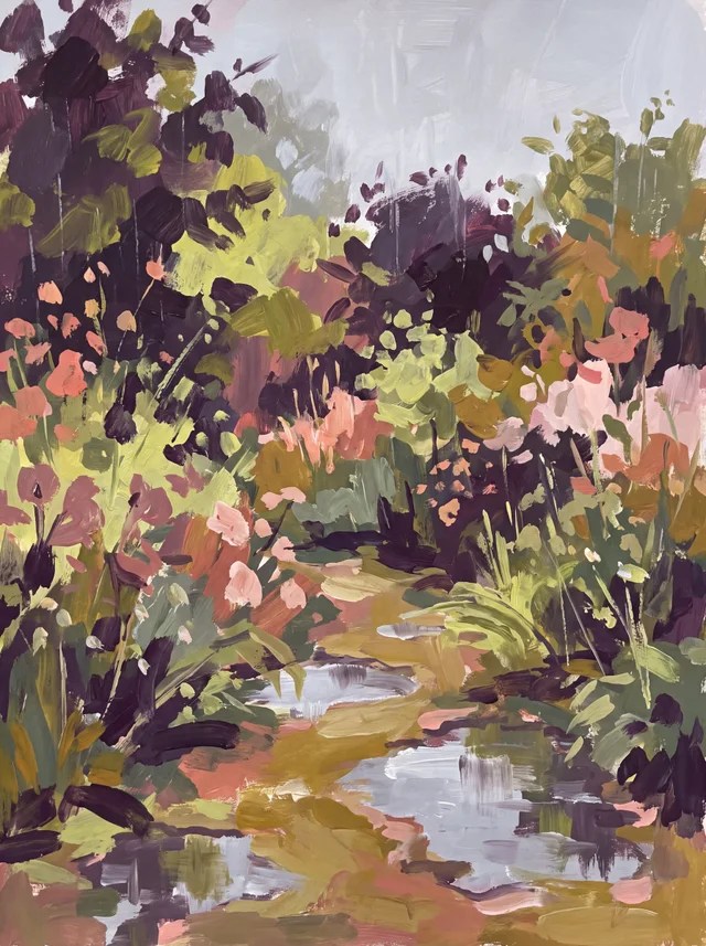 A painting of a garden in summer rain, a puddled path between pink and green planting.