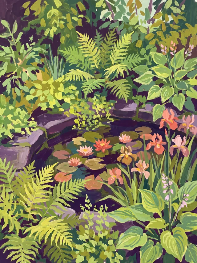 A painting of a small garden pond with pink water lilies, ferns, hostas and irises round the edge.