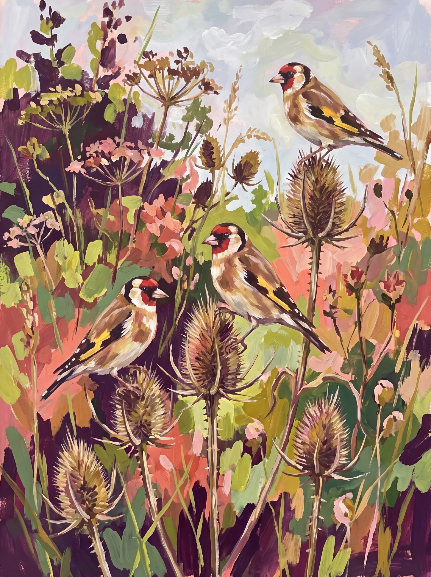 Goldfinches on the Teasels