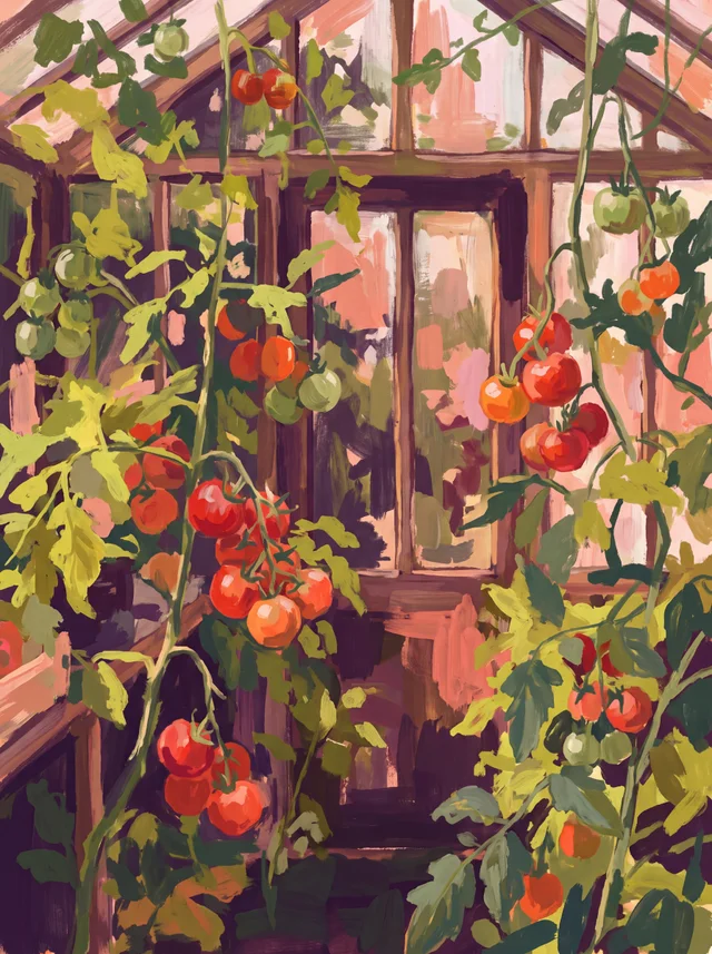 A painting of red and green tomatoes hanging on tall vines inside a wooden greenhouse.