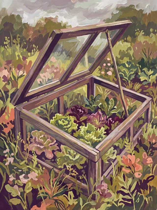 A painting of green and red lettuces growing in a wooden cold frame with its glass lid propped open.