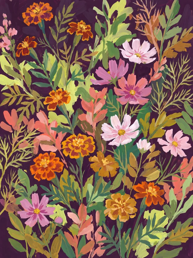A painting of orange marigolds and pink and white cosmos on a dark plum ground.