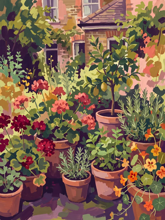 A painting of terracotta pots of geraniums, herbs, nasturtiums and a small lemon tree outside a brick house.