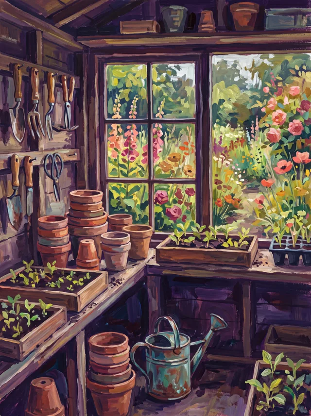 A painting of a potting shed inside: stacked clay pots, trays of seedlings, hanging tools and a watering can.