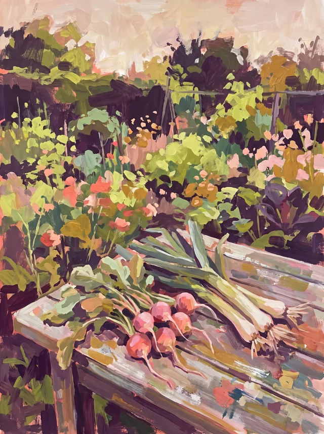 A painting of a bunch of radishes and three leeks laid on a wooden bench beside a vegetable plot.