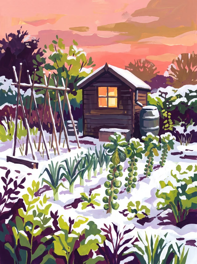A painting of an allotment in snow at sunset: a shed with a lit window, a water butt, bean canes, leeks and sprouts.