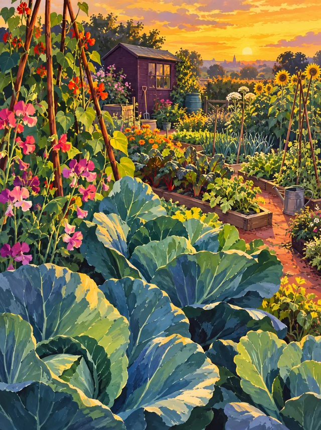 Cabbage leaves, climbing beans and a small plum-coloured shed in evening light