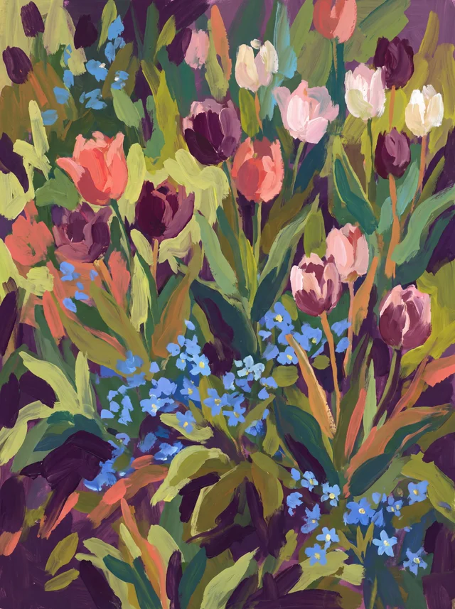 A painting of pink, coral and dark purple tulips with blue forget-me-nots beneath them.