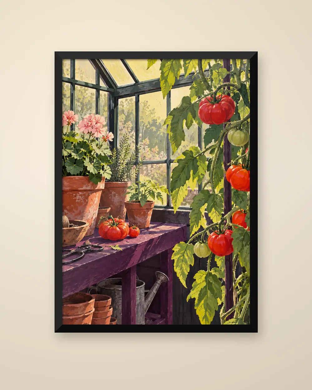 Behind the Glass (gouache style) in a plain black frame on a pale wall