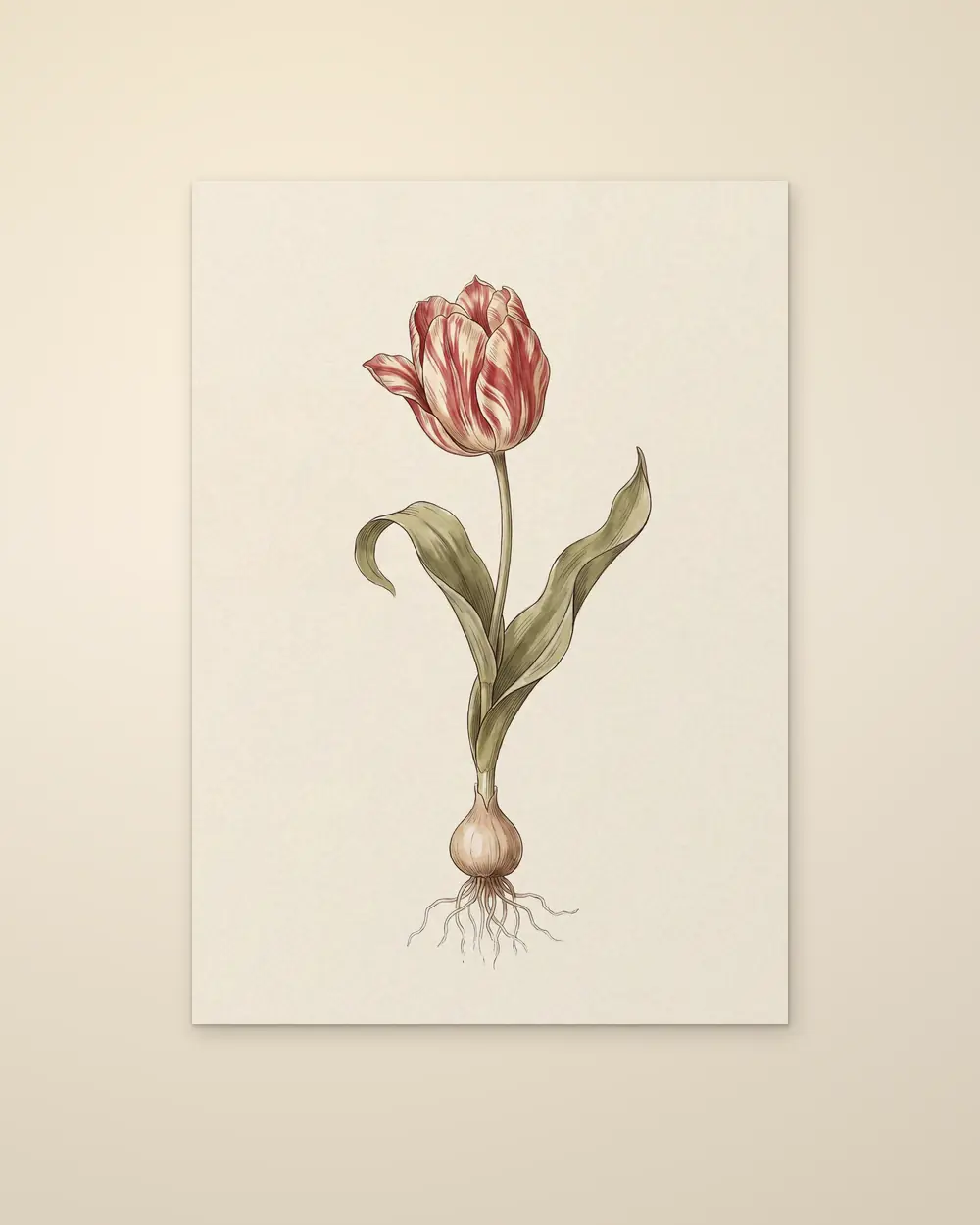 Botanical Tulip as an unframed poster: a striped red and cream tulip with its bulb and roots on a cream ground.