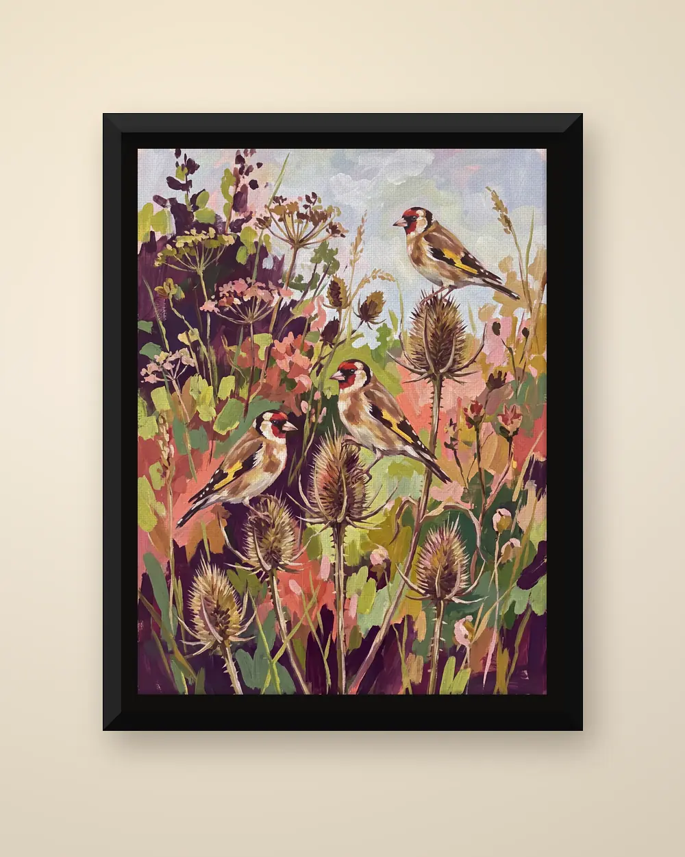 Goldfinches on the Teasels as a framed canvas.