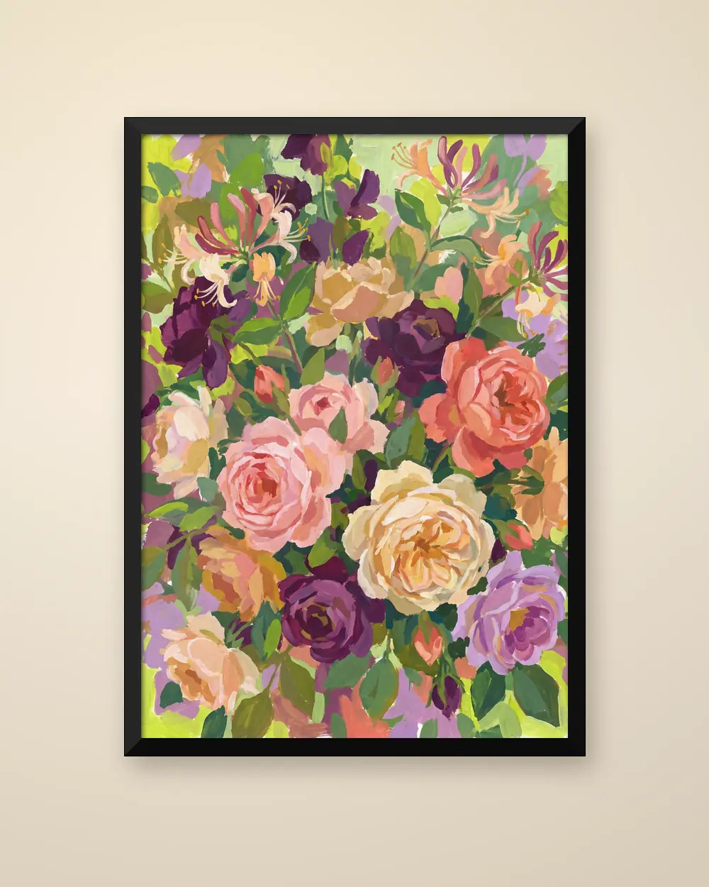 June Birth Flowers as a framed poster: roses and honeysuckle painted together.