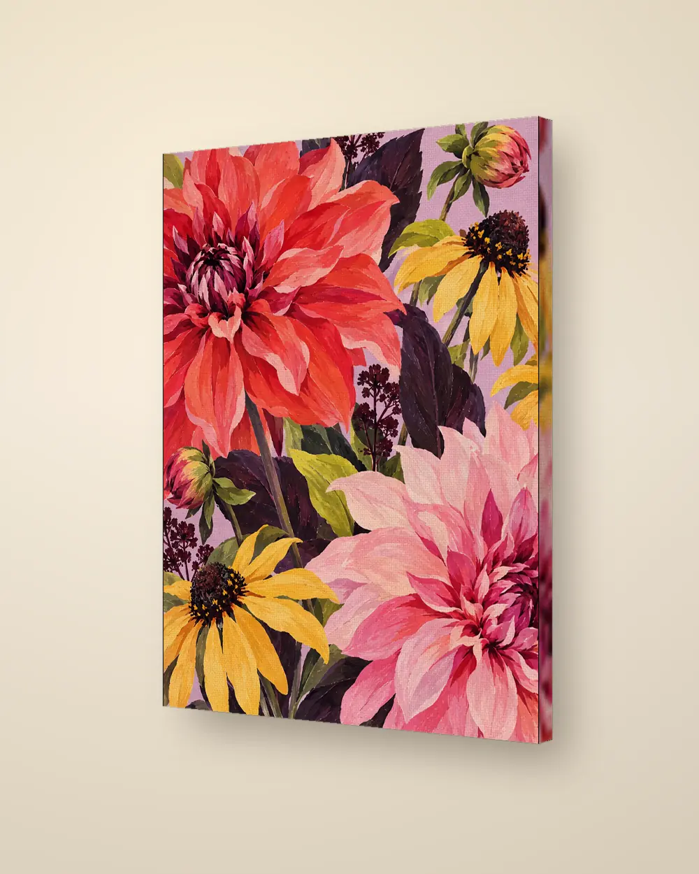 One More Dahlia, coral and pink dahlias with yellow rudbeckia, on a stretched canvas, turned to show the soft blurred band on its side, product mock-up