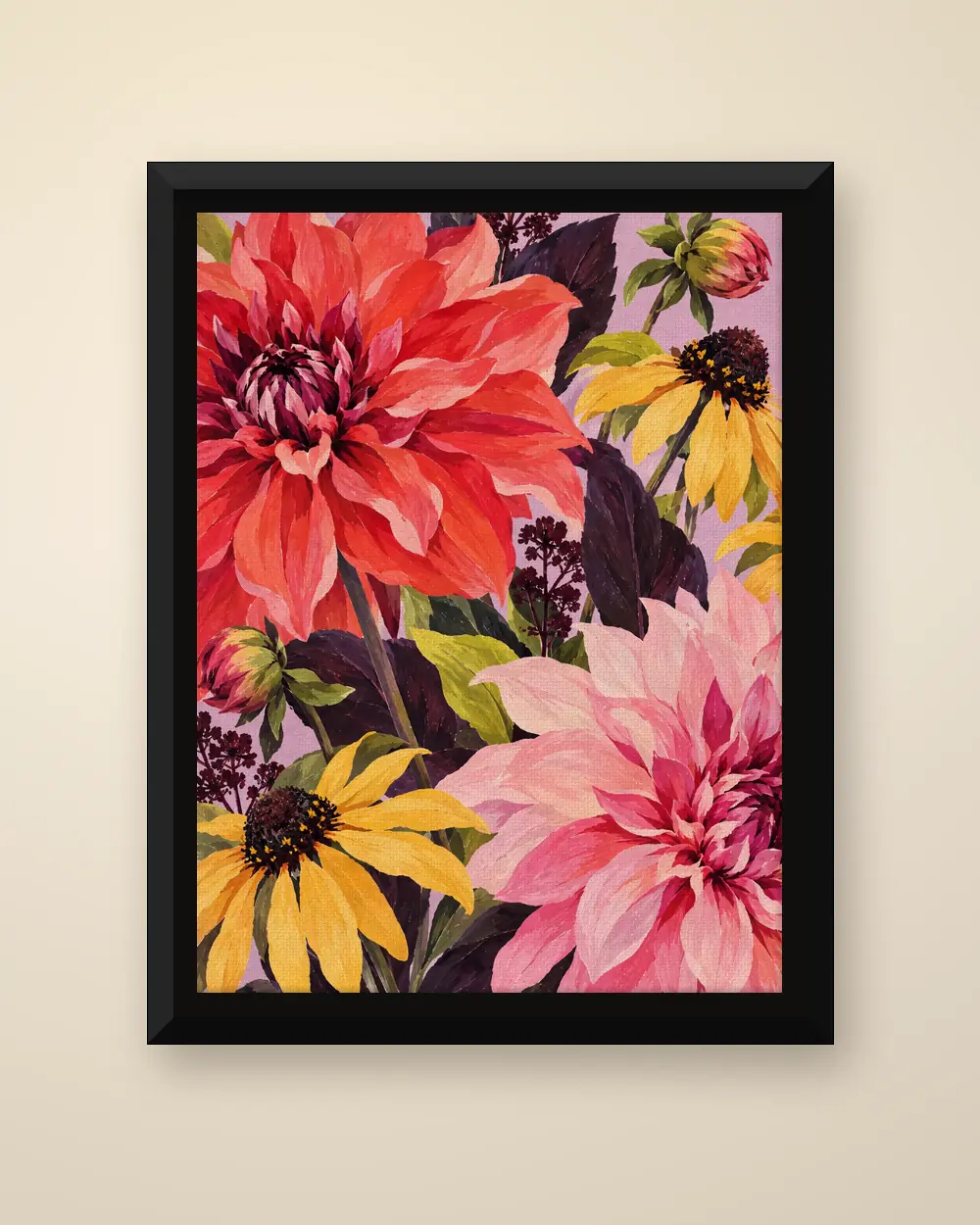 One More Dahlia as a framed canvas: coral and pink dahlias against dark plum foliage.