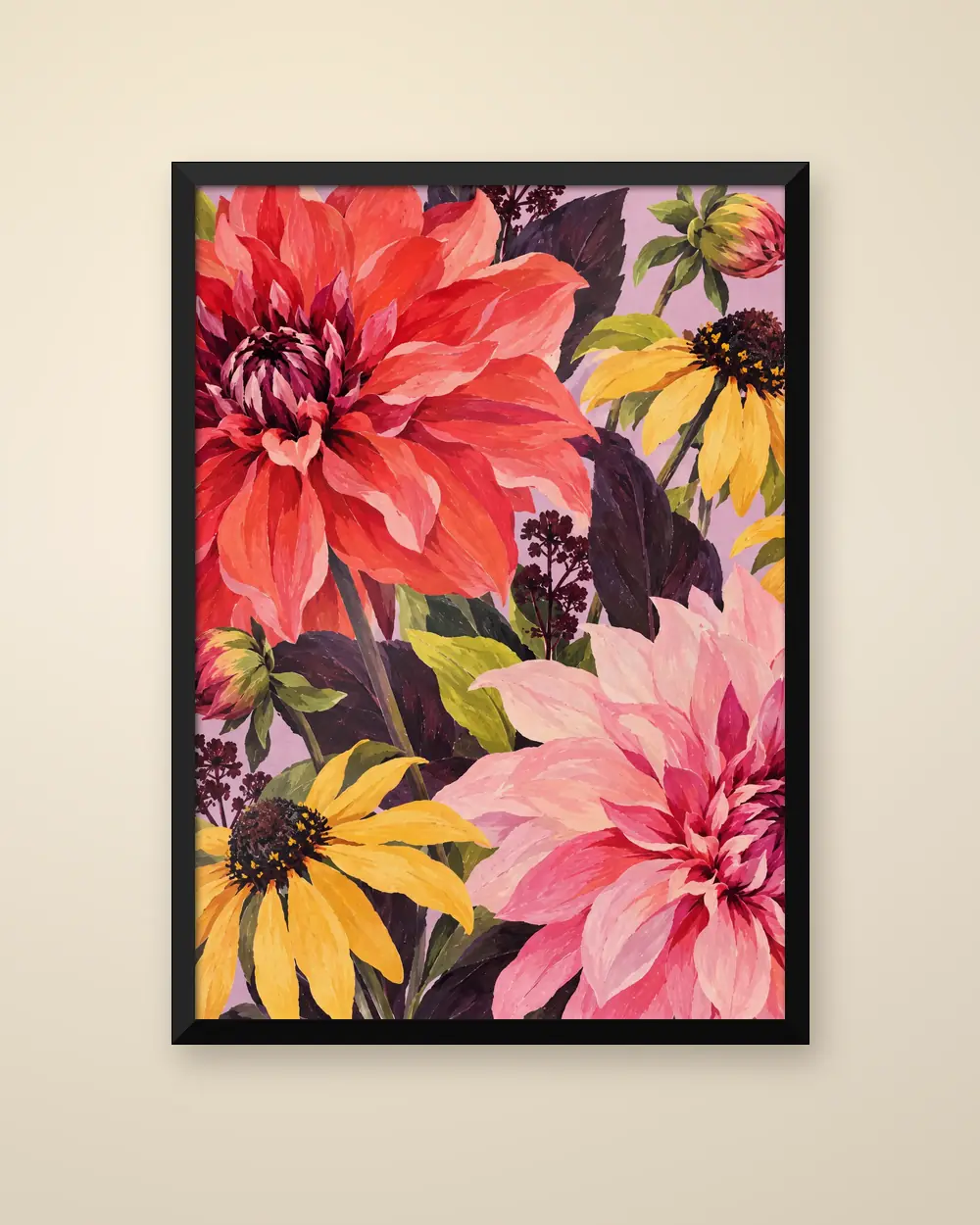 One More Dahlia, coral and pink dahlias with yellow rudbeckia, as a poster in a slim black wooden frame, product mock-up