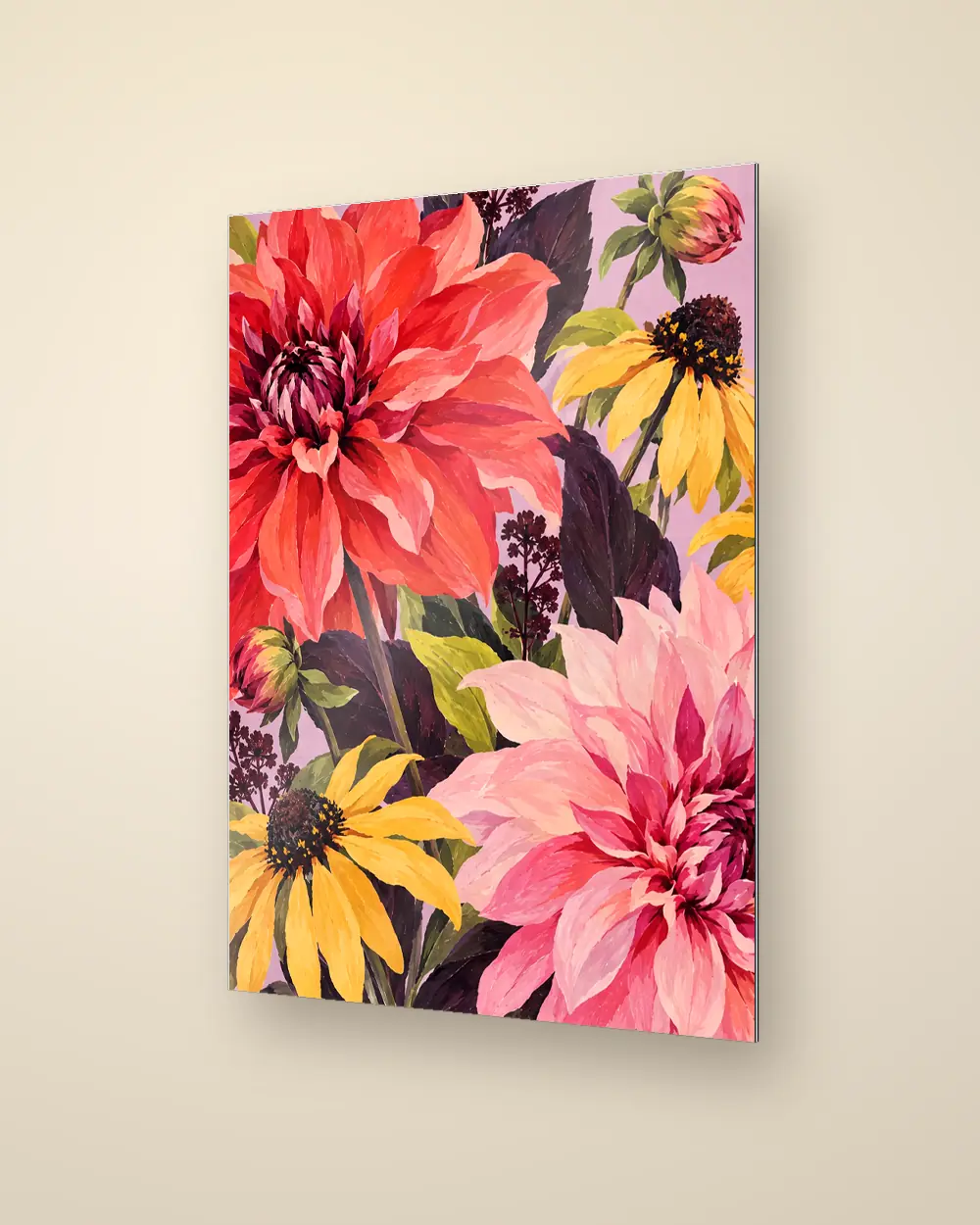 One More Dahlia, coral and pink dahlias with yellow rudbeckia, printed on a thin aluminium panel with a silver edge, product mock-up