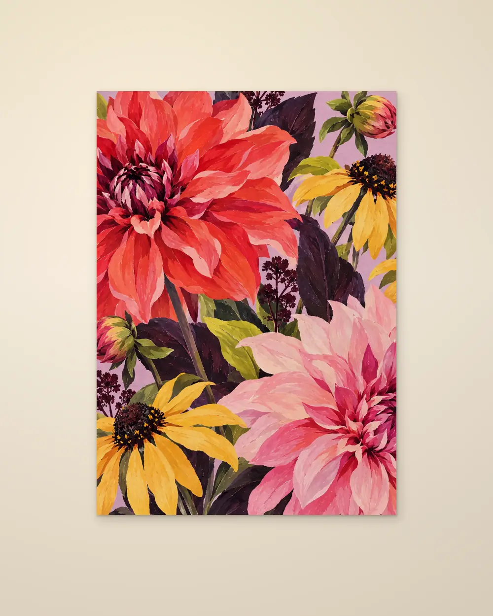 One More Dahlia, coral and pink dahlias with yellow rudbeckia, as an unframed paper poster on a wall, product mock-up