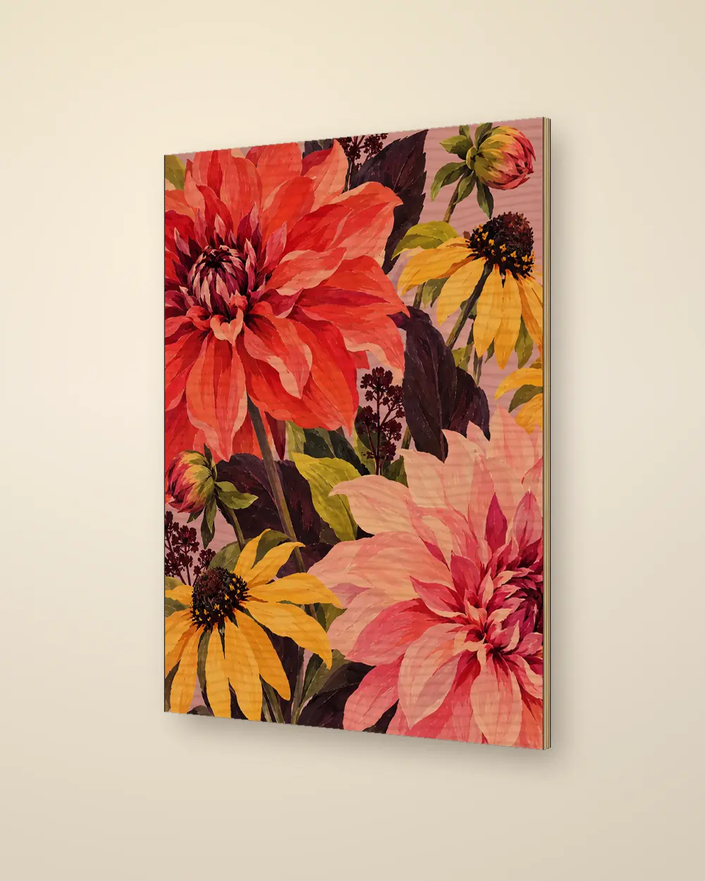 One More Dahlia, coral and pink dahlias with yellow rudbeckia, printed on a plywood panel, the layered edge showing, product mock-up