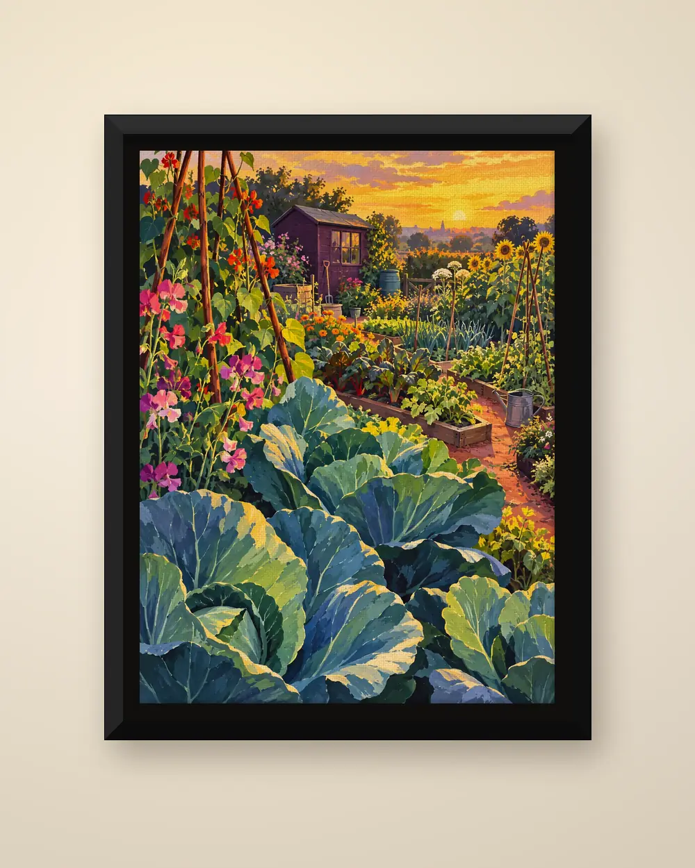 The Last Hour on the Plot as a framed canvas: beans, cabbages and a small plum-coloured shed in evening light.