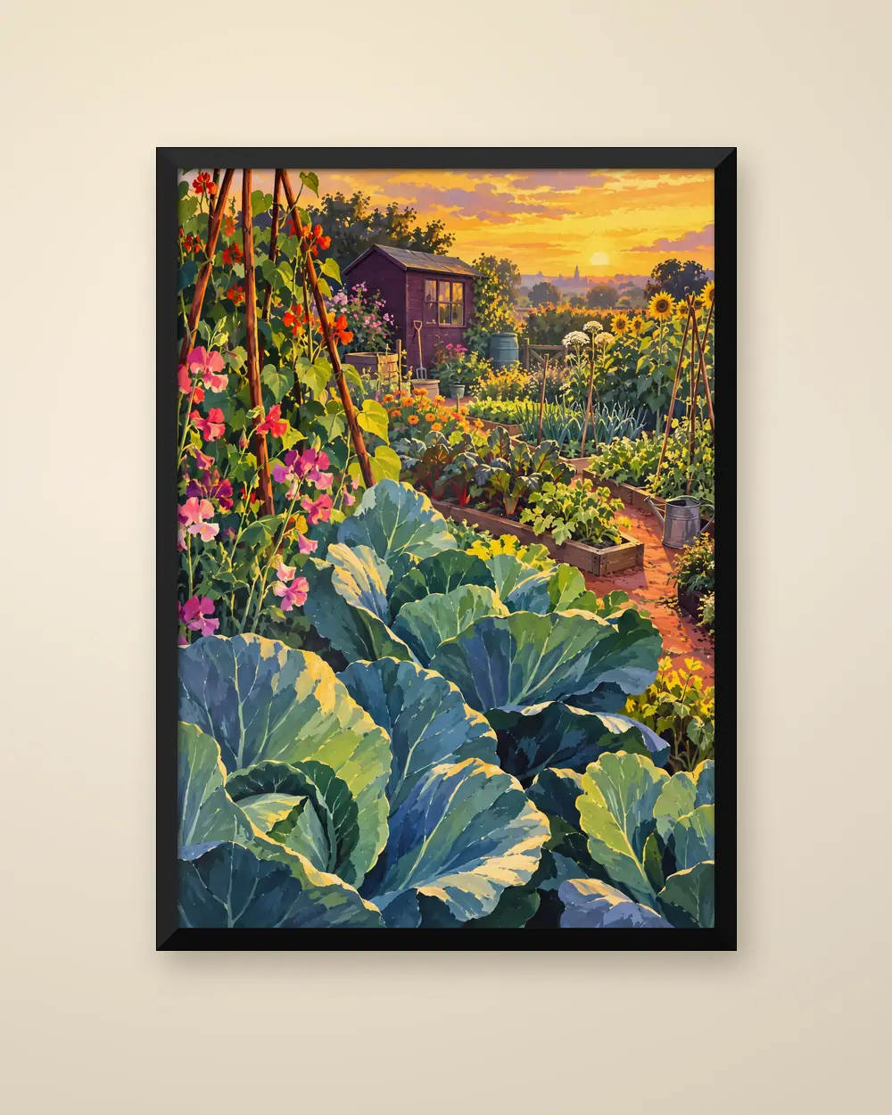 The Last Hour on the Plot (gouache style) in a plain black frame on a pale wall