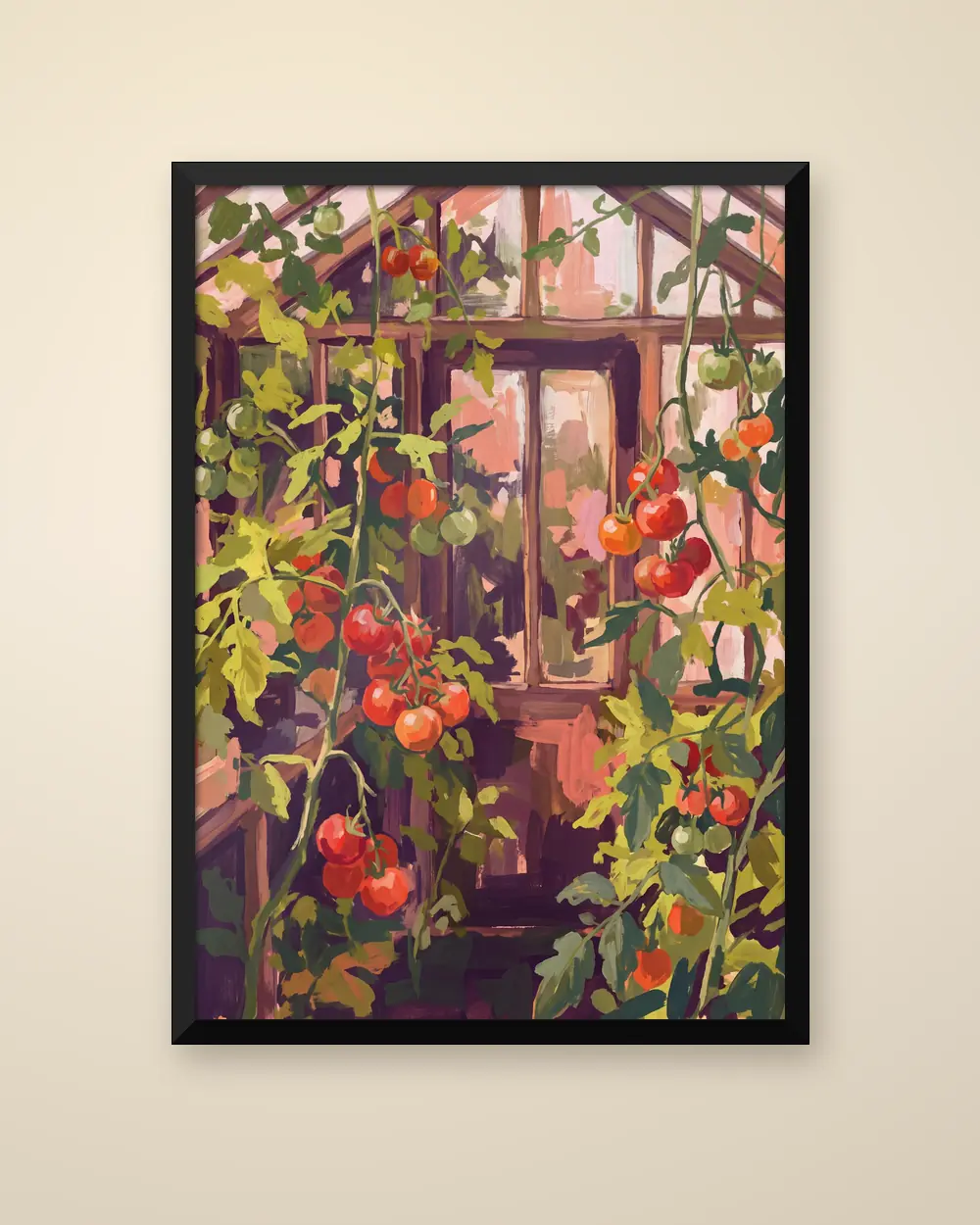 Tomatoes on the Vine as a framed poster: trusses of ripe red and orange tomatoes.