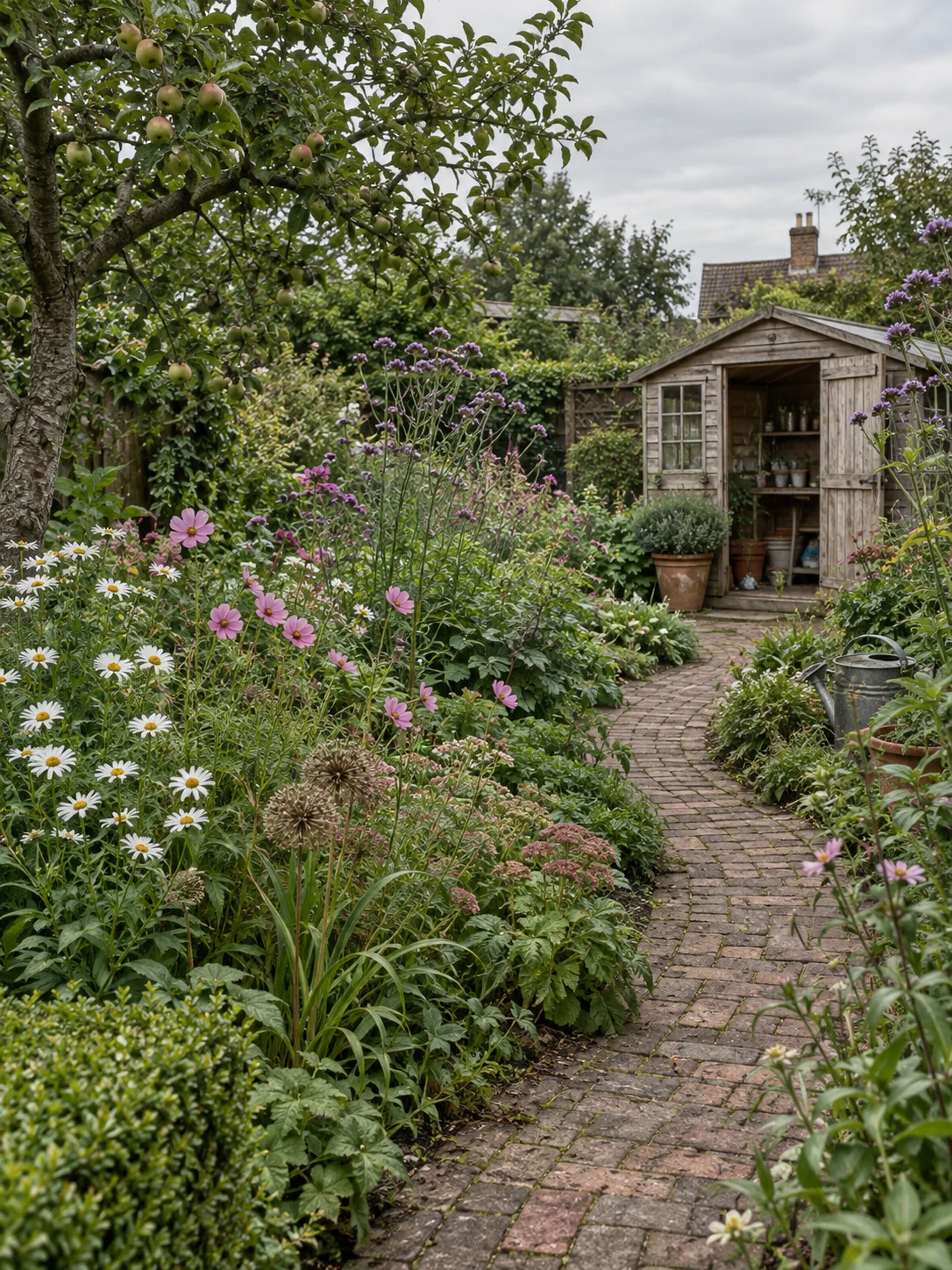 Illustrative garden photograph with a winding brick path and timber shed