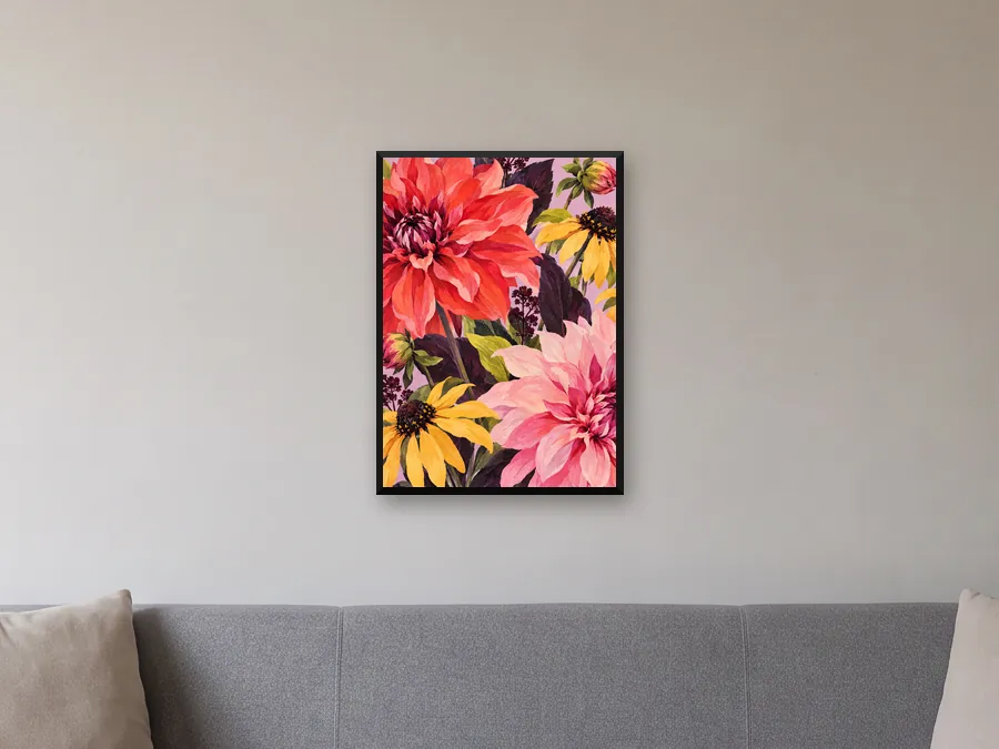 One More Dahlia as an A2 poster in a slim black frame, drawn to its real size on a wall above a sofa.