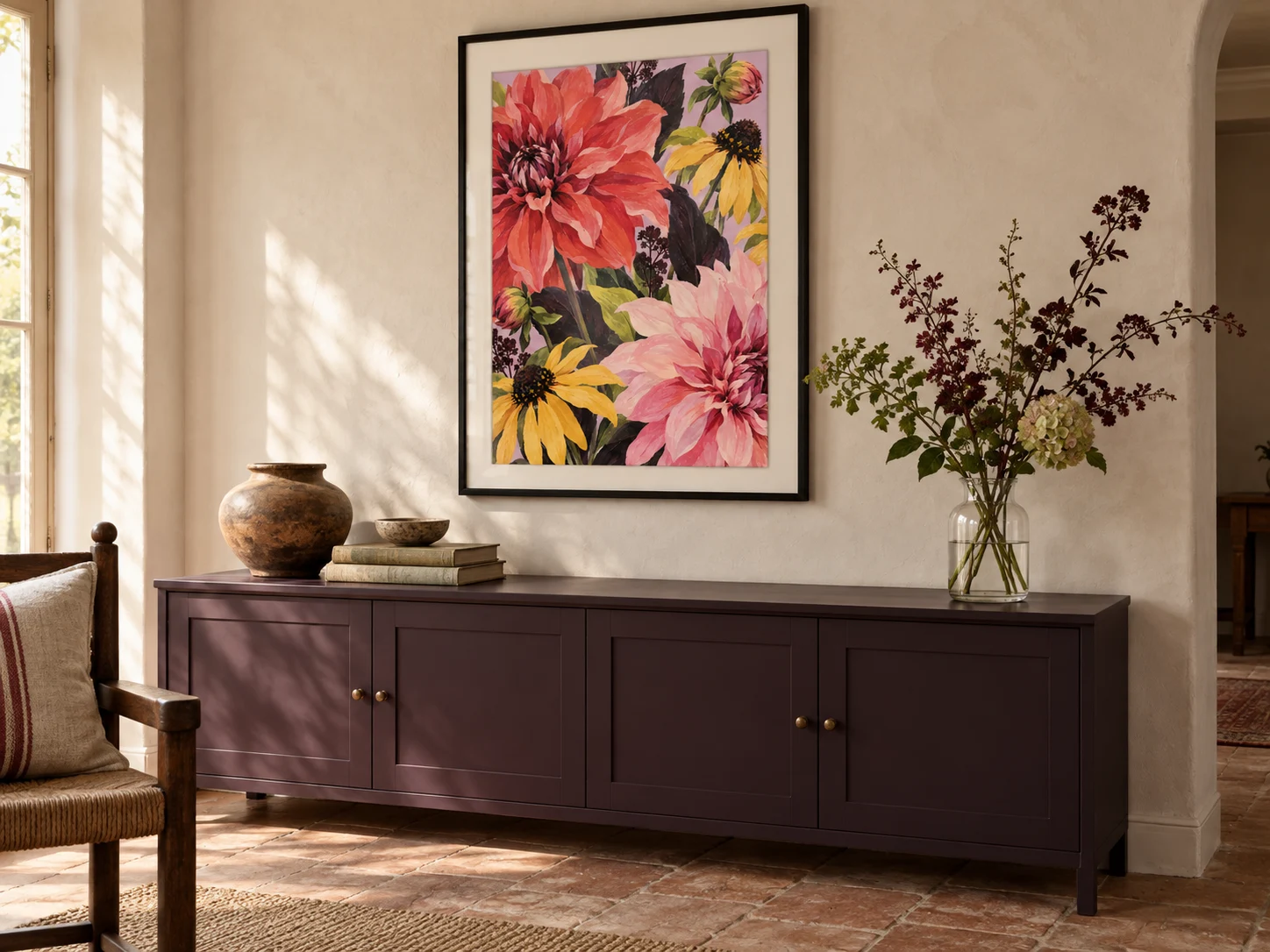 Illustrative interior showing One More Dahlia framed above an aubergine sideboard